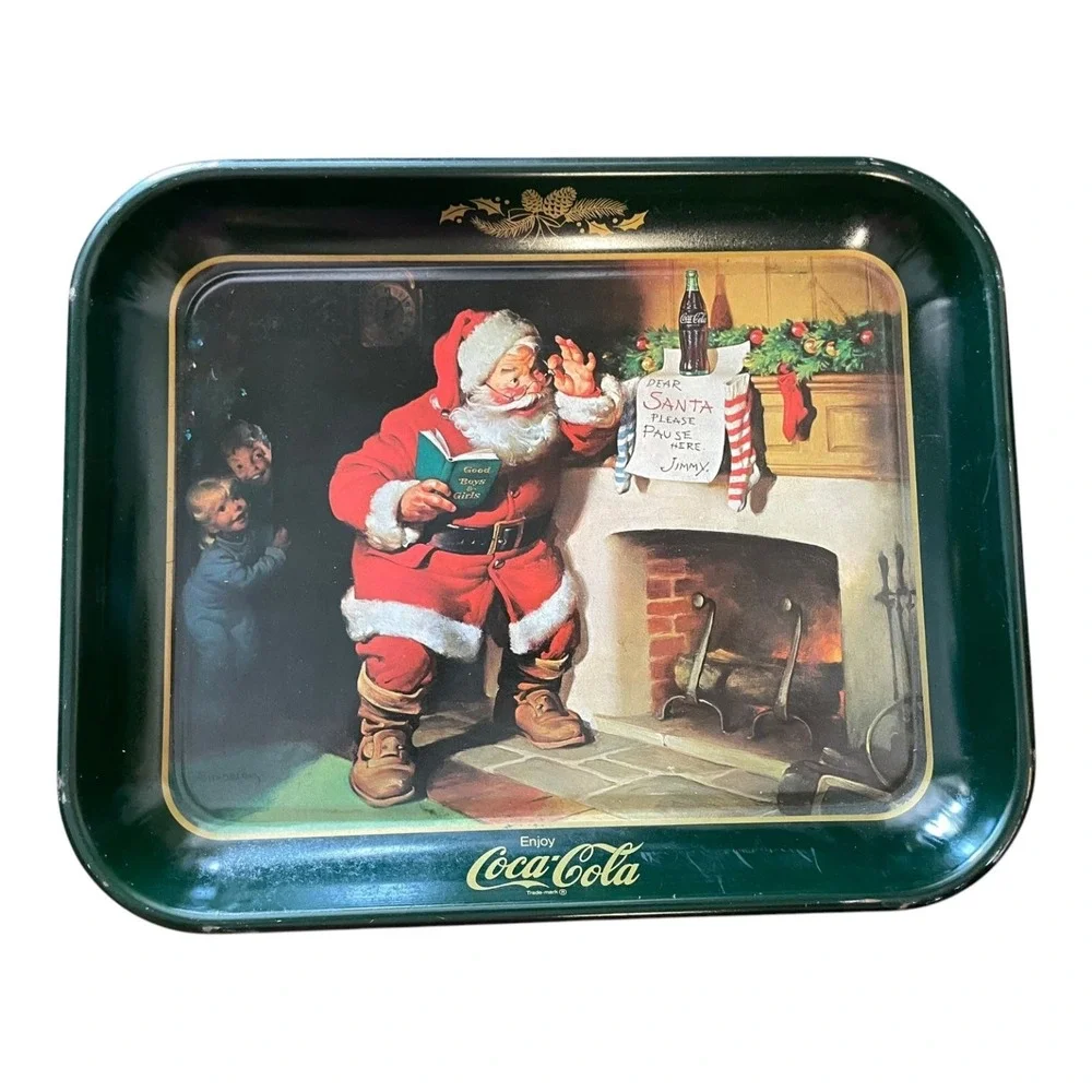 Vintage Coca-Cola Christmas Santa Claus Advertising Serving Tray Green 1950s